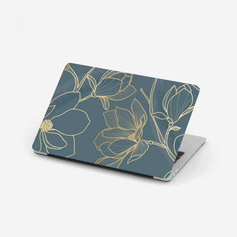 Adesivo per laptop elegante motivo floreale dorato su sfondo blu petrolio