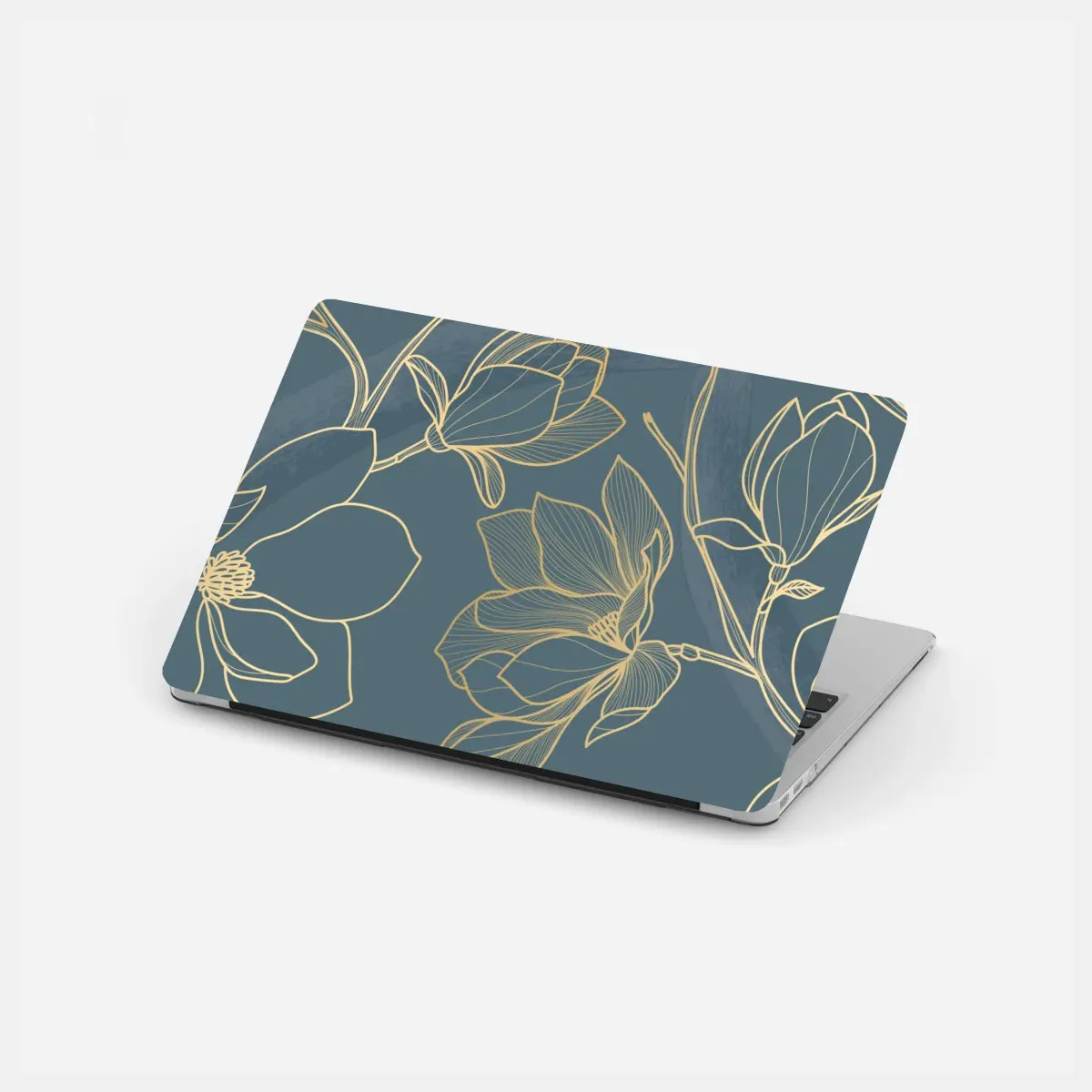 Adesivo per laptop elegante motivo floreale dorato su sfondo blu petrolio • Wallissimo®