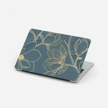 Adesivo per laptop elegante motivo floreale dorato su sfondo blu petrolio • Wallissimo®
