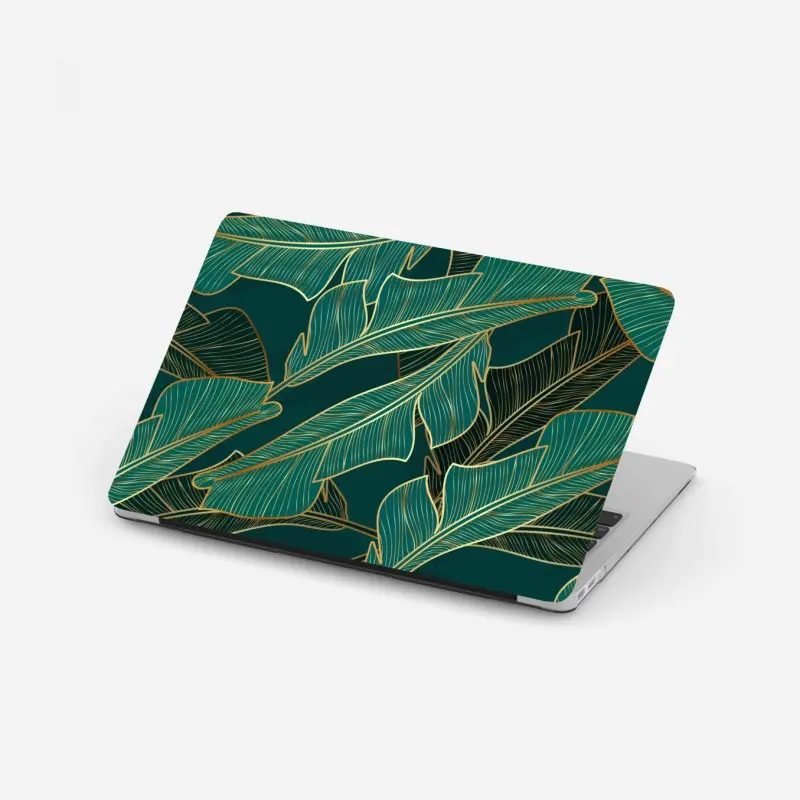 Adesivo per laptop foglie tropicali dorate su sfondo verde smeraldo