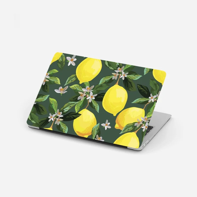 Adesivo per laptop stampa limoni e fiori su sfondo verde scuro