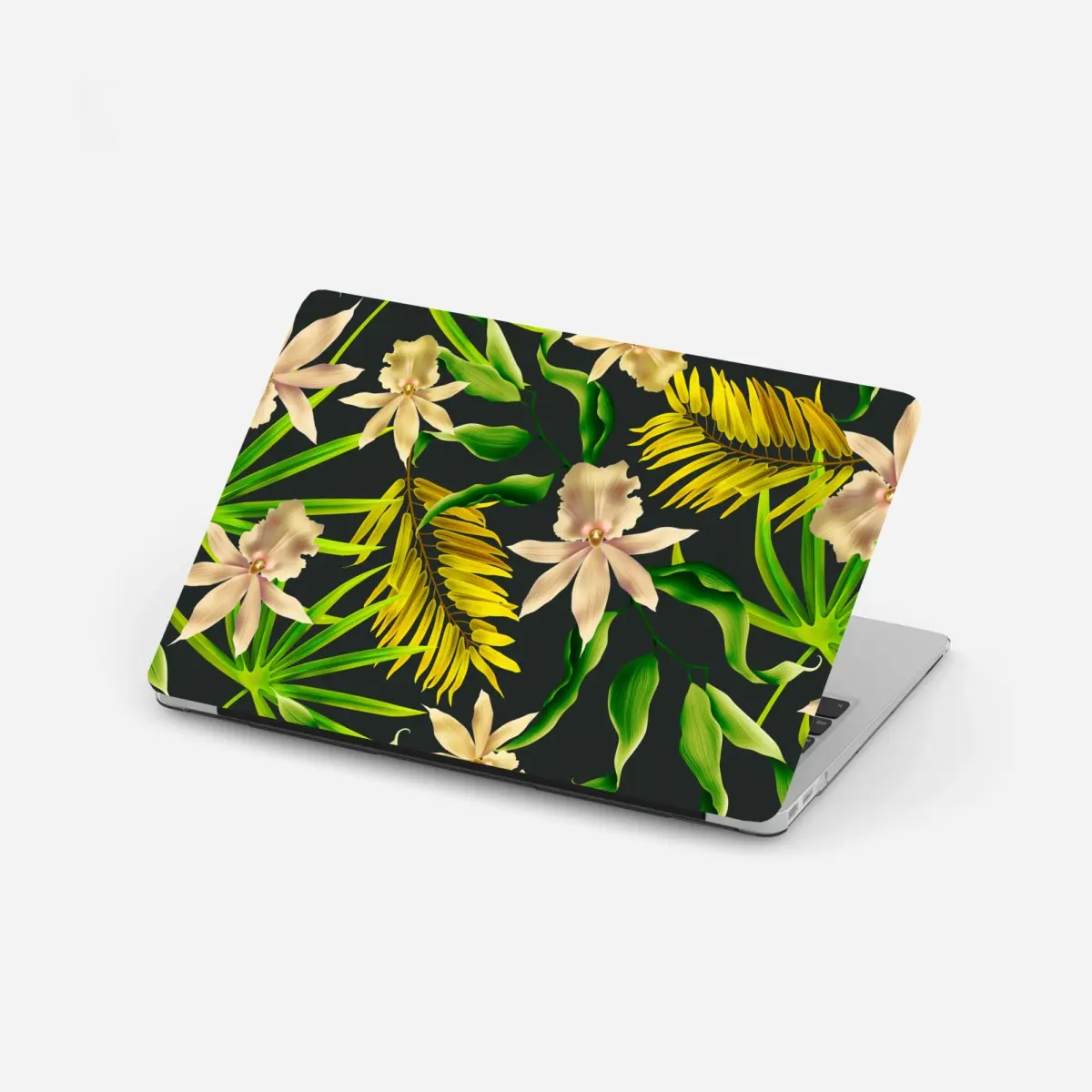 Adesivo per laptop motivo floreale tropicale su sfondo scuro • Wallissimo®