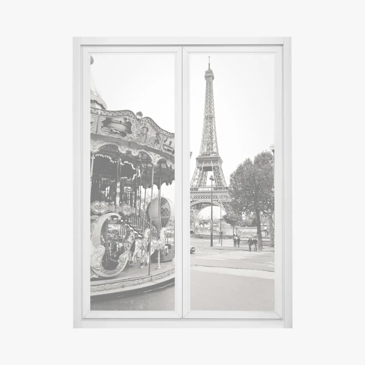 Adesivo per finestra magica vista di Parigi con la Torre Eiffel e giostra d'epoca • Wallissimo®