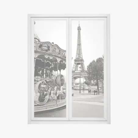 Adesivo per finestra magica vista di Parigi con la Torre Eiffel e giostra d'epoca • Wallissimo®
