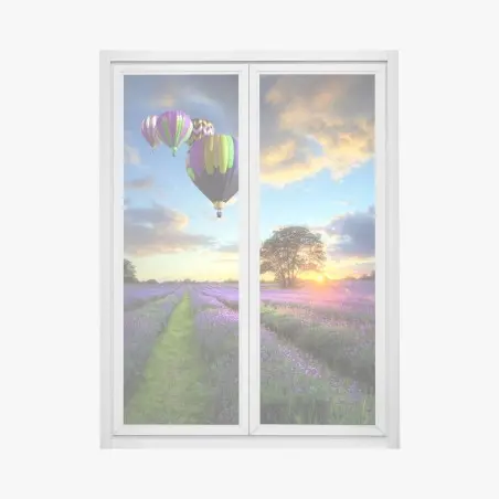 Adesivo per finestra tramonto di lavanda e mongolfiere sulla campagna • Wallissimo®