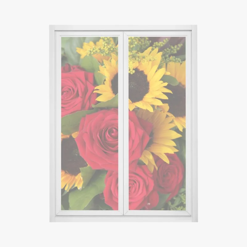 Adesivo per finestra fiori vivaci: rose rosse e girasoli