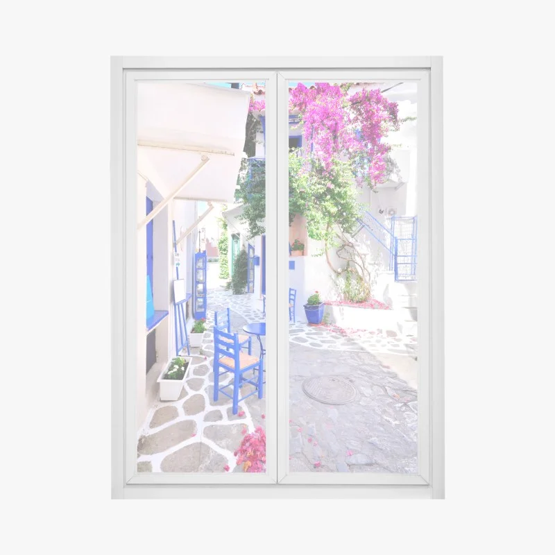 Adesivo per finestra scorcio del Mediterraneo con bougainvillea e sedie blu