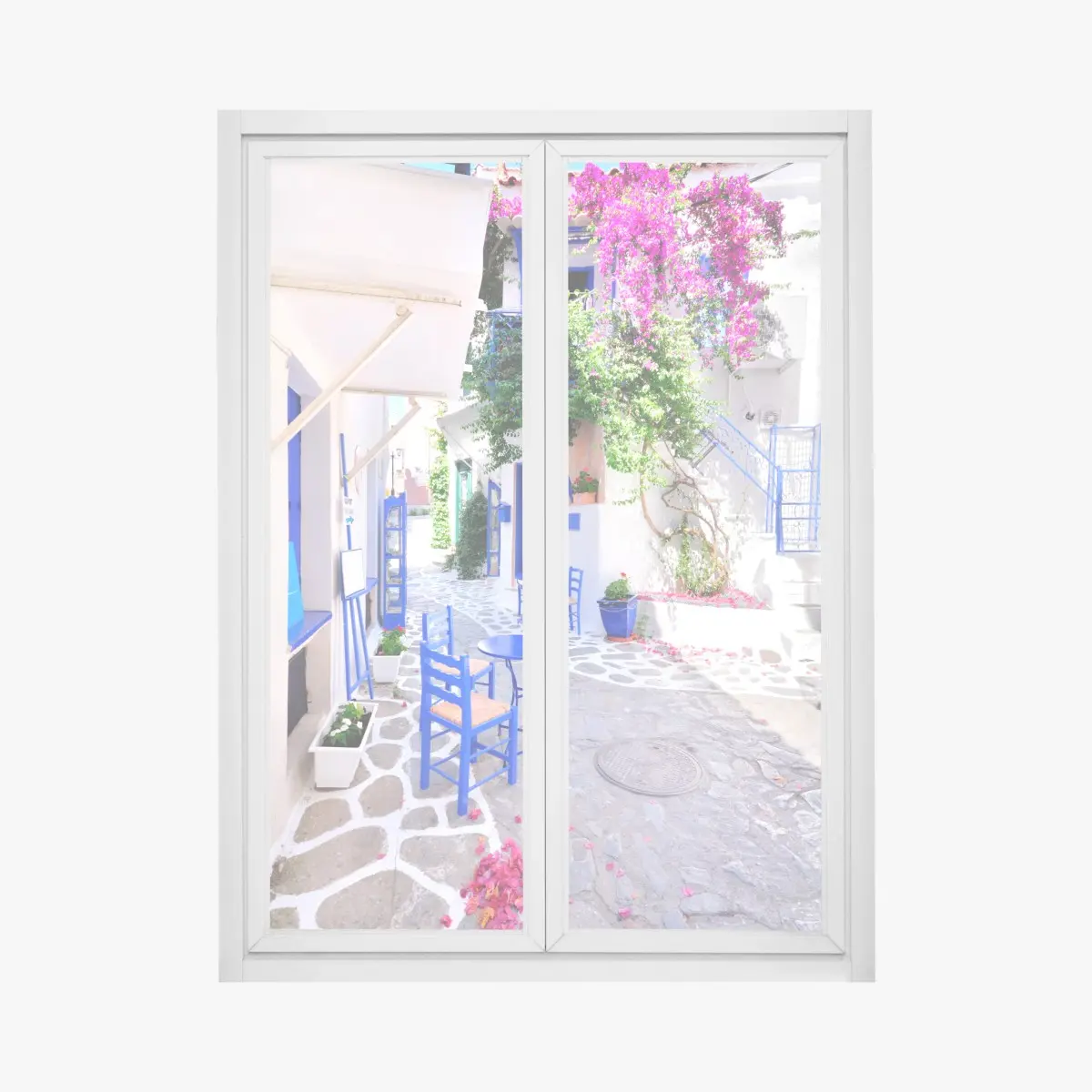 Adesivo per finestra scorcio del Mediterraneo con bougainvillea e sedie blu • Wallissimo®