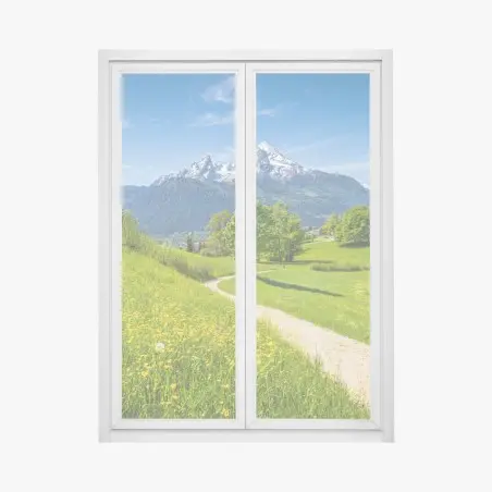 Adesivo per finestra panorama alpino primaverile con sentiero fiorito • Wallissimo®