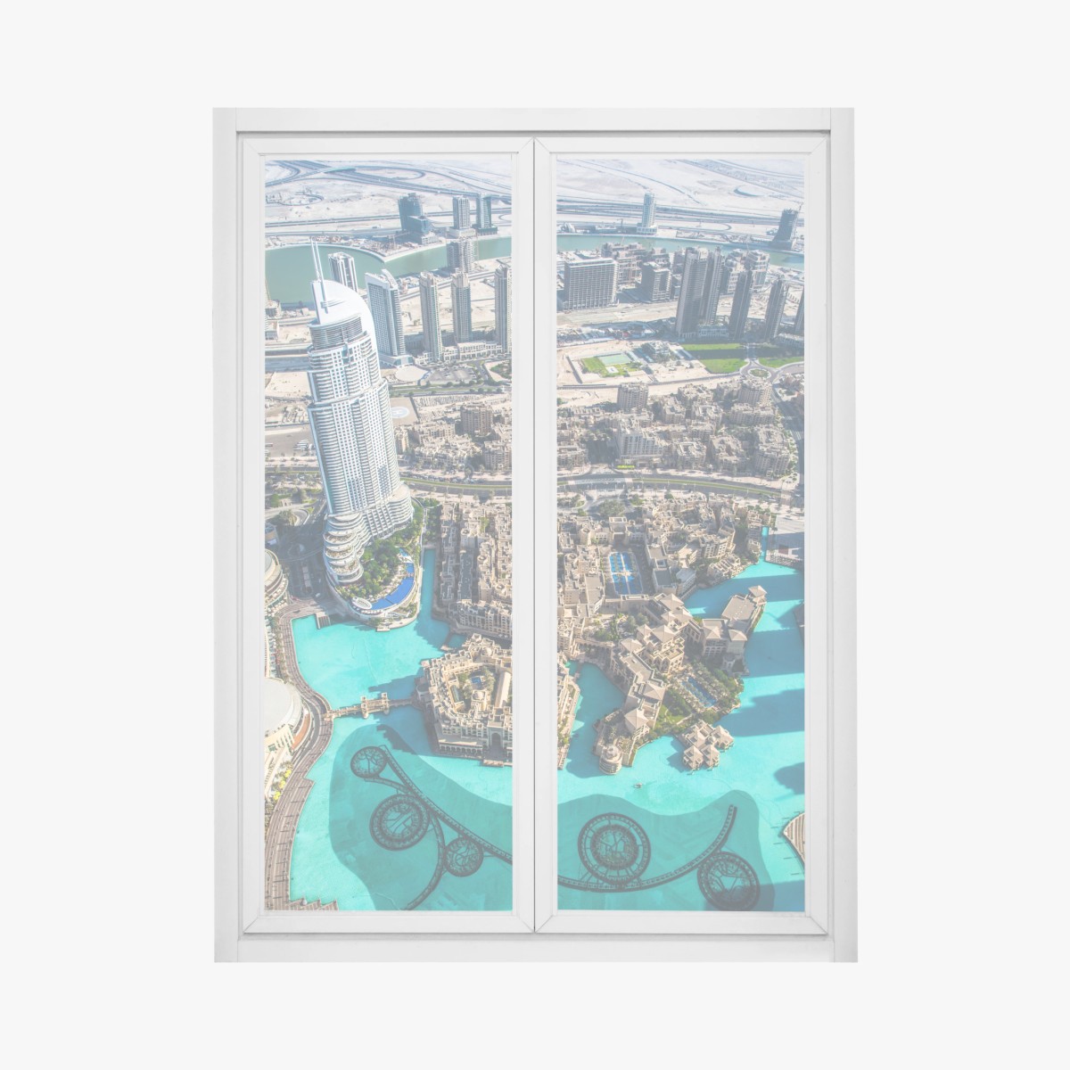Adesivo per finestra panorama aereo di Dubai: skyline sul lago artificiale • Wallissimo®