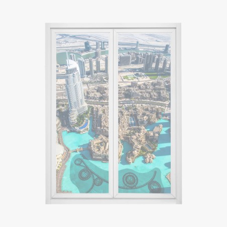 Adesivo per finestra panorama aereo di Dubai: skyline sul lago artificiale • Wallissimo®