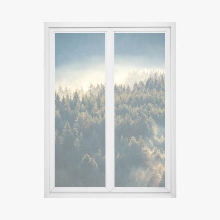 Adesivo per finestra foresta di pini nella nebbia dorata • Wallissimo®