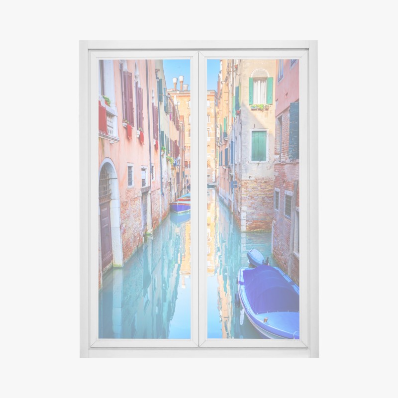 Adesivo per finestra scorcio di Venezia sul canale con barche colorate