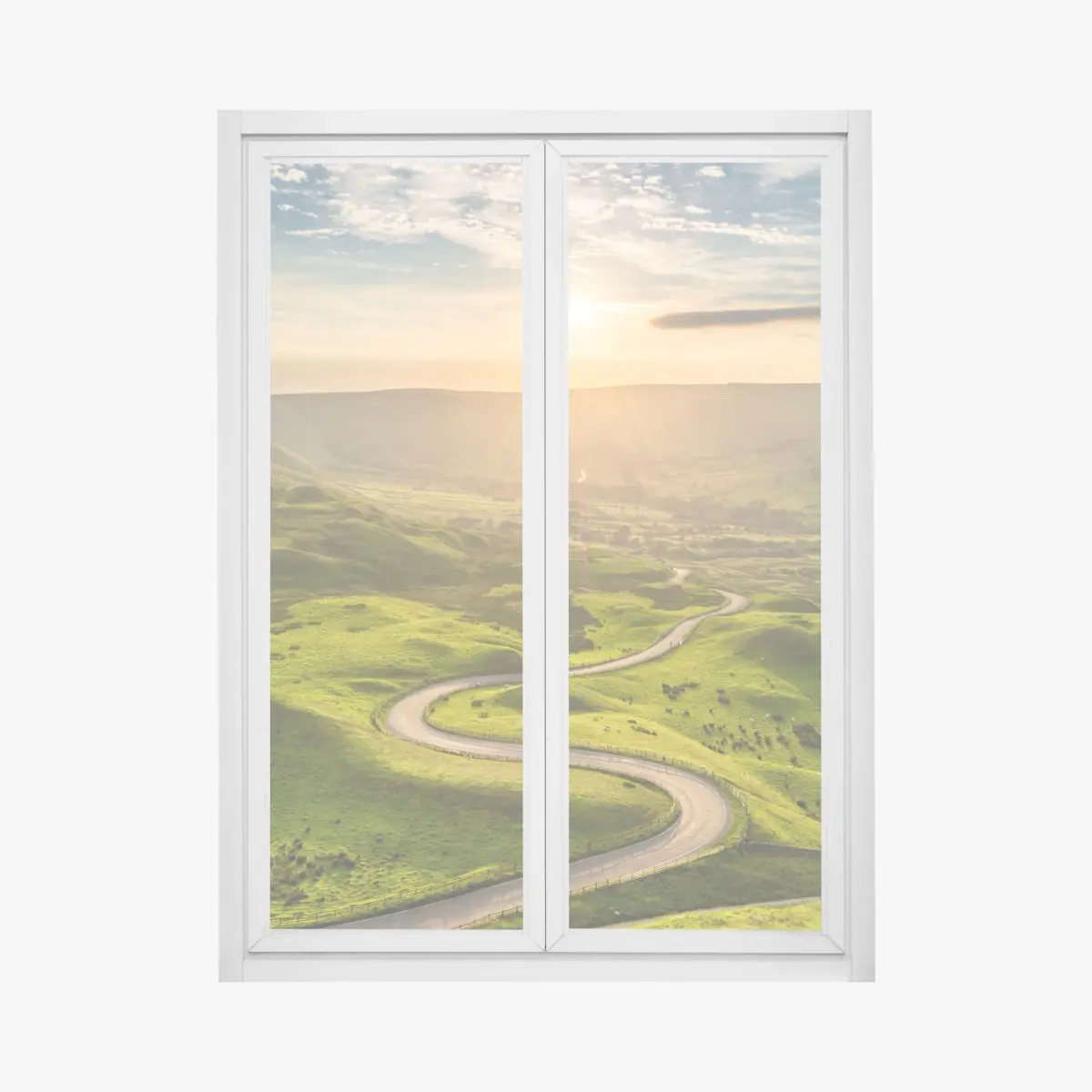 Adesivo per finestra strada serpeggiante al tramonto sulle colline verdi • Wallissimo®
