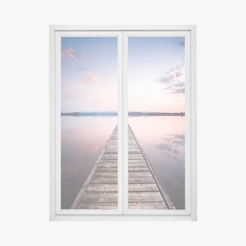 Adesivo per finestra pontile al tramonto: vista prospettica sul lago