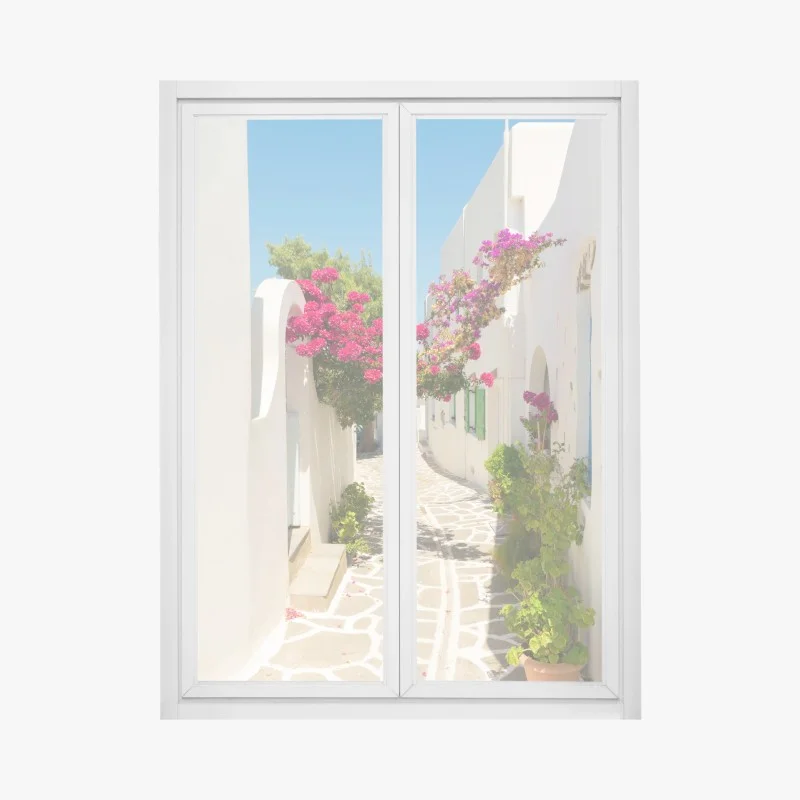 Adesivo per finestra angolo mediterraneo con bouganvillea in fiore