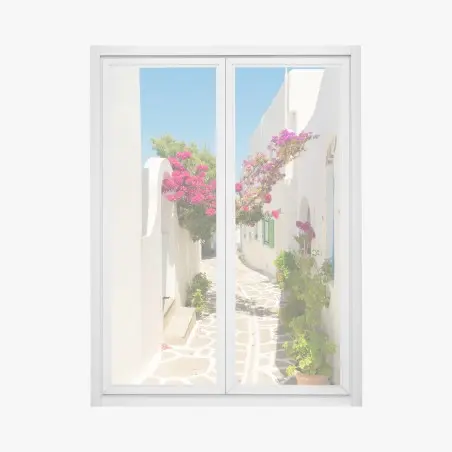 Adesivo per finestra angolo mediterraneo con bouganvillea in fiore • Wallissimo®