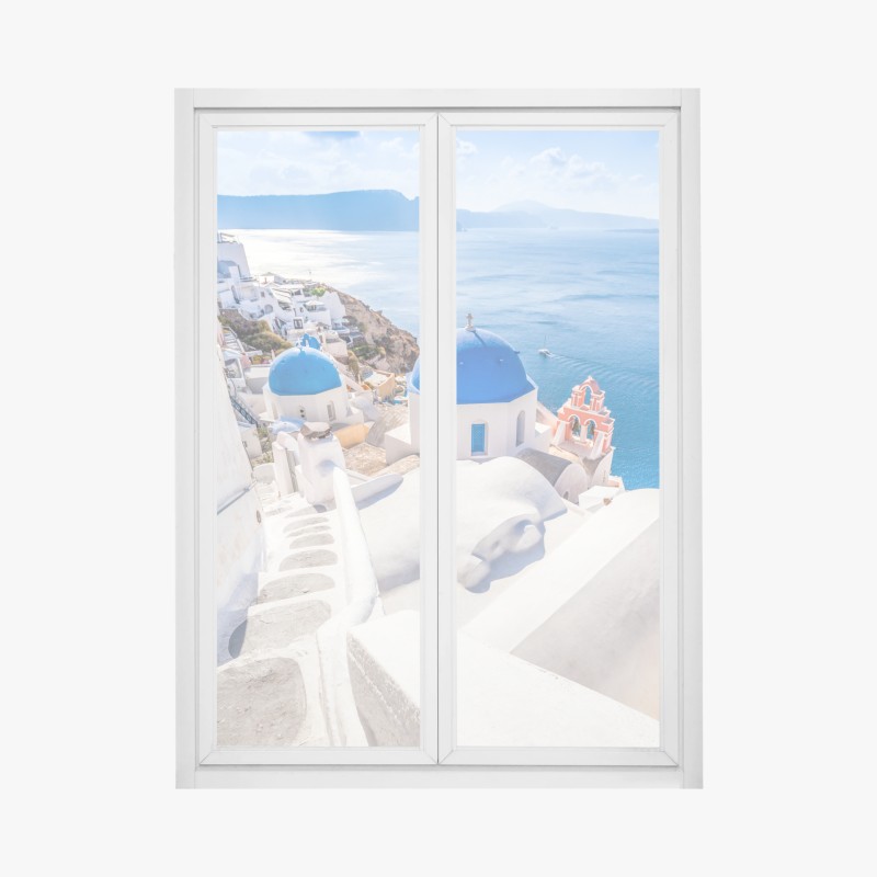 Adesivo per finestra panorama marino di Santorini con cupole blu