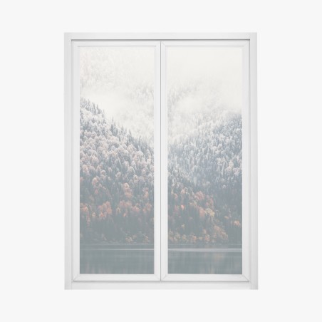 Adesivo per finestra paesaggio montano autunnale con lago e nebbia • Wallissimo®
