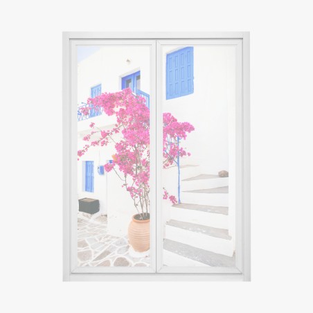 Adesivo per finestra bouganvillea rosa su facciata bianca • Wallissimo®