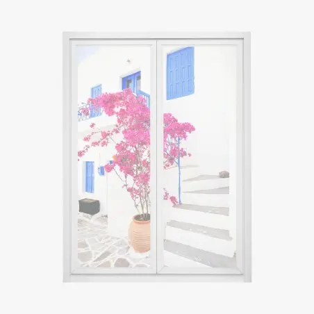 Adesivo per finestra bouganvillea rosa su facciata bianca • Wallissimo®