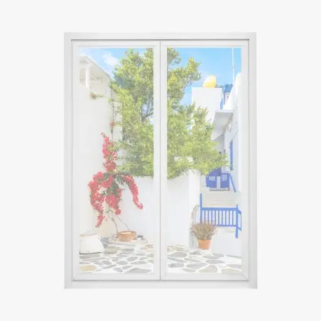 Adesivo per finestra angolo mediterraneo con bougainvillea e porte blu • Wallissimo®