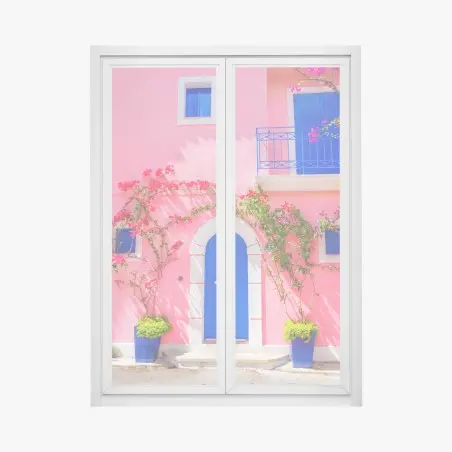 Adesivo per finestra porta blu su facciata rosa con bouganvillea • Wallissimo®