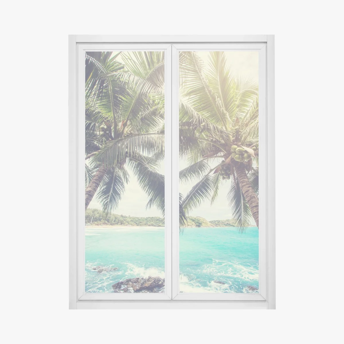 Adesivo per finestra sogno tropicale palme e mare turchese • Wallissimo® Adesivo per finestra sogno tropicale palme e mare turchese • Wallissimo®