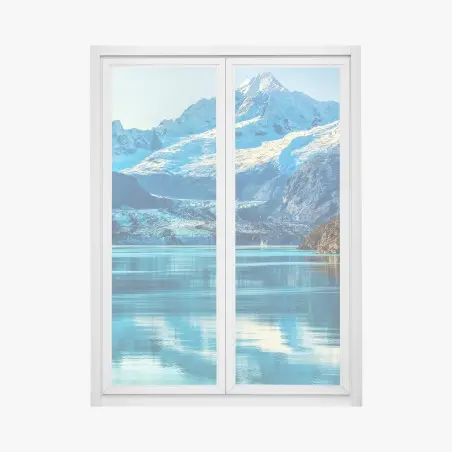 Adesivo per finestra riflessi glaciali: panorama montano sul lago • Wallissimo®