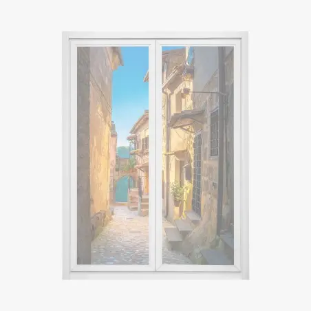 Adesivo per finestra vicoletto medievale in Toscana al tramonto • Wallissimo®