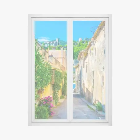 Adesivo per finestra vibrante vicolo mediterraneo in borgo collinare • Wallissimo®