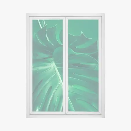 Adesivo per finestra elegante foglia di monstera su sfondo verde • Wallissimo®