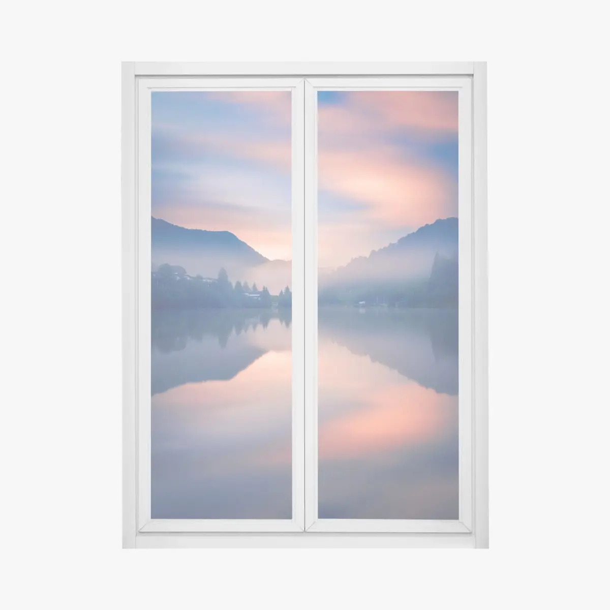 Adesivo per finestra mattino nebbioso sul lago di montagna • Wallissimo®