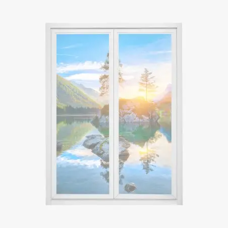 Adesivo per finestra tramonto autunnale sul lago Hintersee, isola rocciosa e riflessi alpini • Wallissimo®