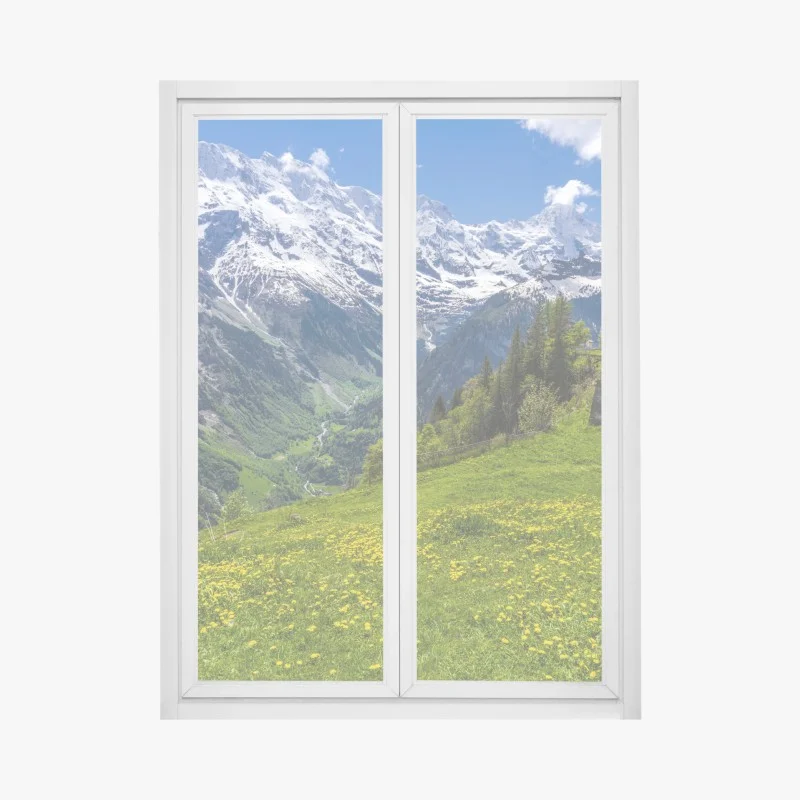 Adesivo per finestra panorama alpino primaverile con prati fioriti • Wallissimo® Adesivo per finestra panorama alpino primaverile con prati fioriti • Wallissimo®
