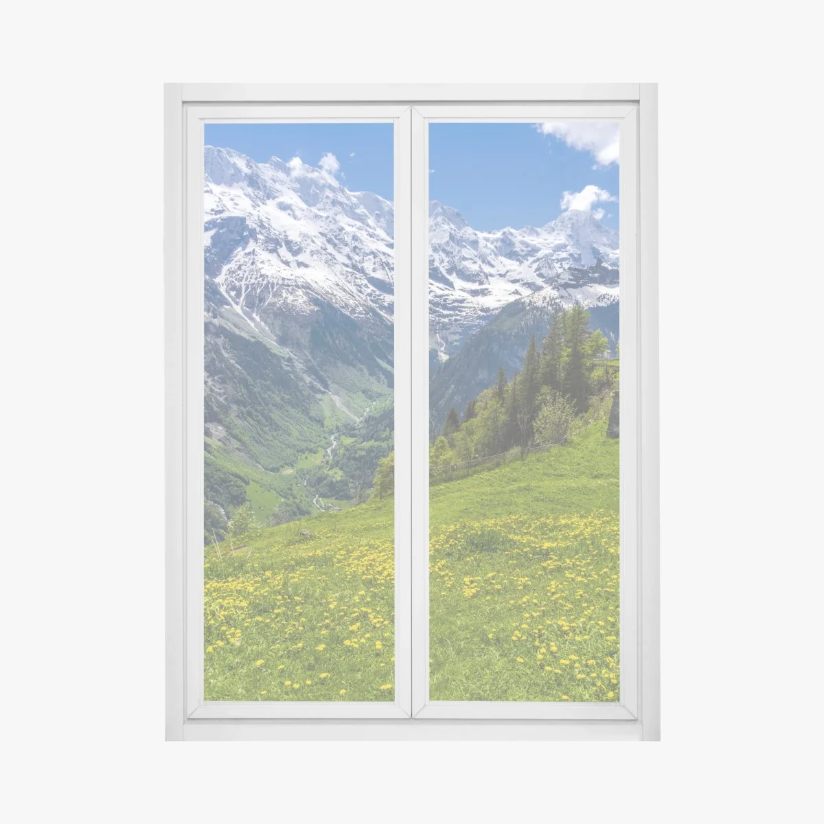 Adesivo per finestra panorama alpino primaverile con prati fioriti • Wallissimo® Adesivo per finestra panorama alpino primaverile con prati fioriti • Wallissimo®