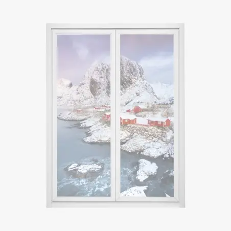 Adesivo per finestra rorbu rosse sul fiordo innevato • Wallissimo®