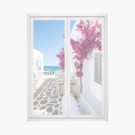 Adesivo per finestra scorcio mediterraneo fiorito sul mare • Wallissimo®