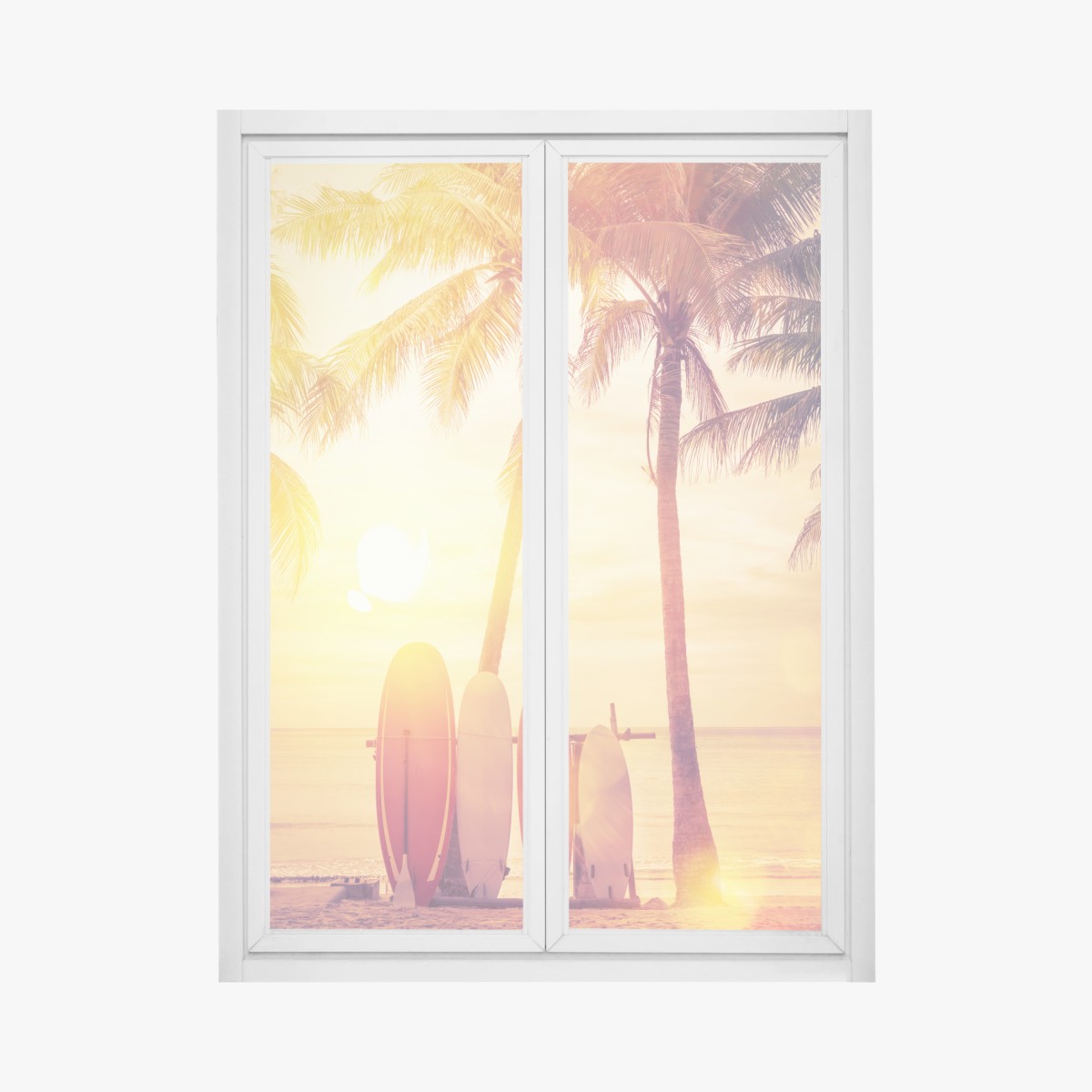 Adesivo per finestra tramonto tropicale con tavole da surf • Wallissimo®
