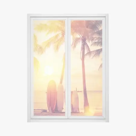 Adesivo per finestra tramonto tropicale con tavole da surf • Wallissimo®