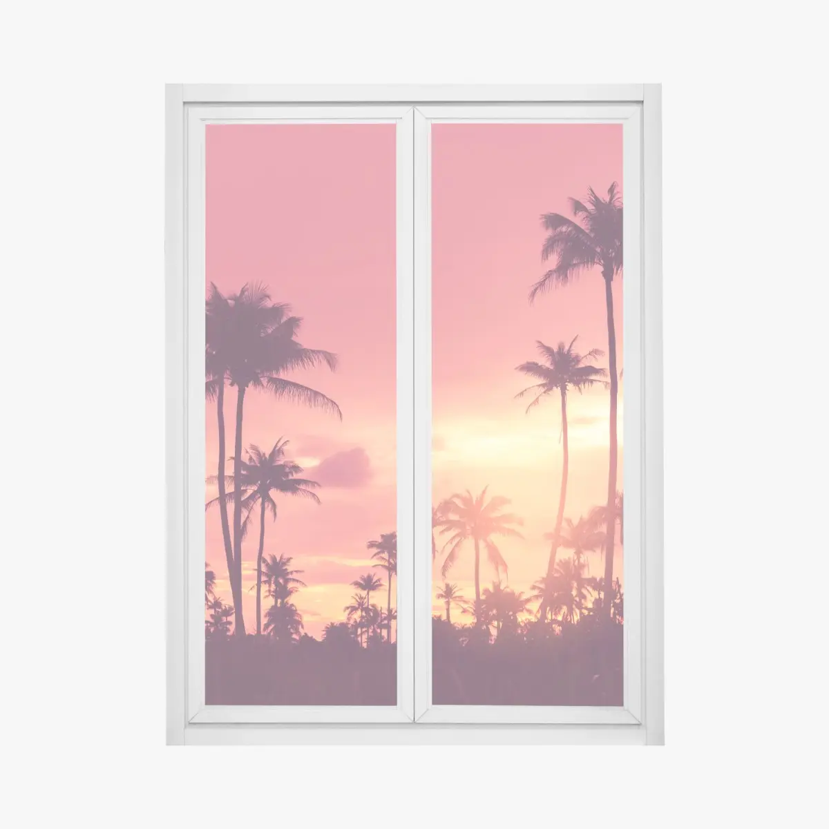 Adesivo per finestra tramonto tropicale con palme in silhouette • Wallissimo®