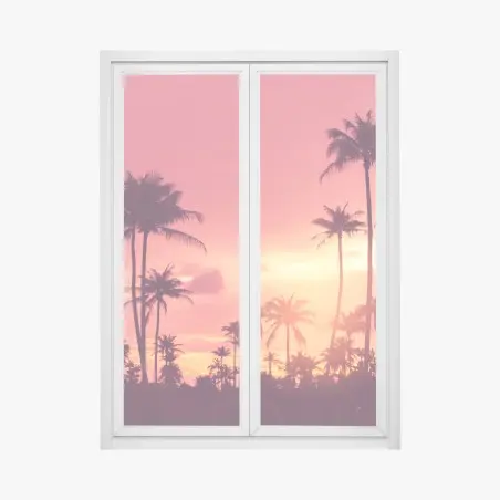 Adesivo per finestra tramonto tropicale con palme in silhouette • Wallissimo®