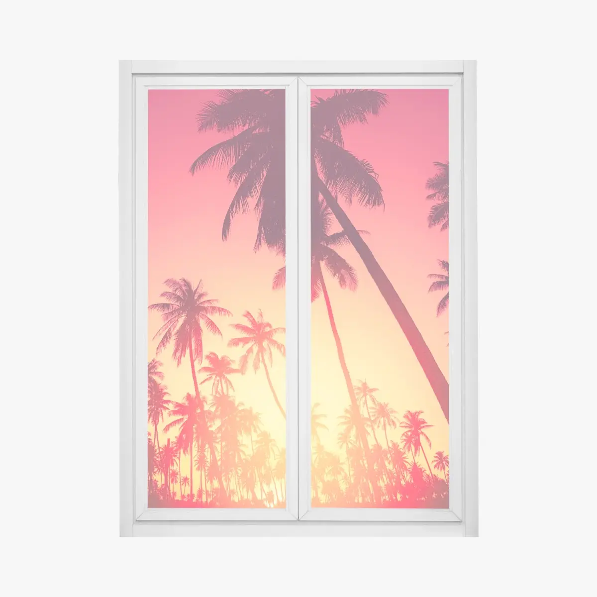 Adesivo per finestra tramonto tropicale con palme in silhouette • Wallissimo®