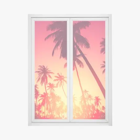 Adesivo per finestra tramonto tropicale con palme in silhouette • Wallissimo®