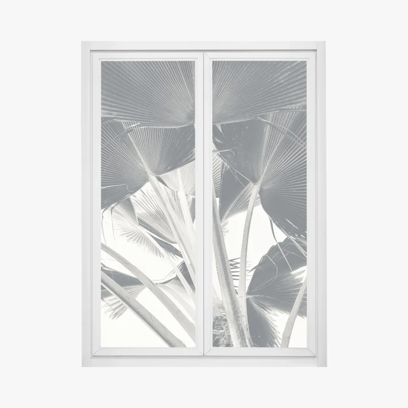 Adesivo per finestra dettaglio di palme a ventaglio in bianco e nero