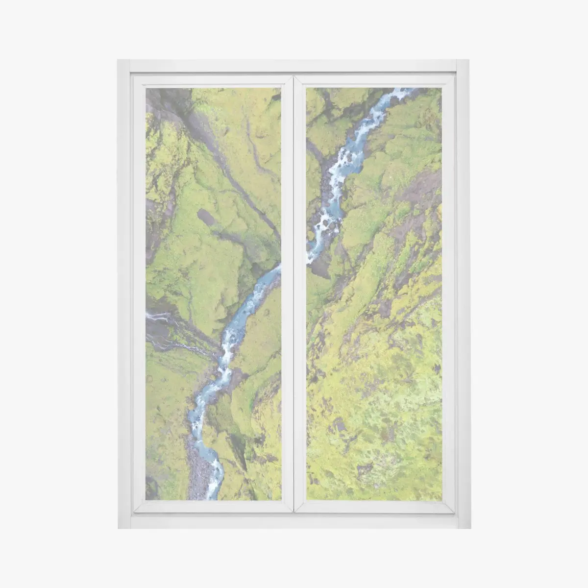 Adesivo per finestra fiume azzurro tra colline di muschio • Wallissimo®