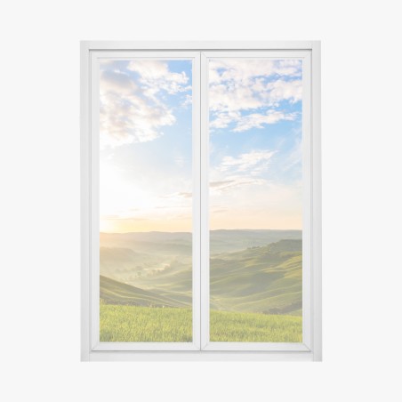 Adesivo per finestra alba dorata sulle colline verdi • Wallissimo®