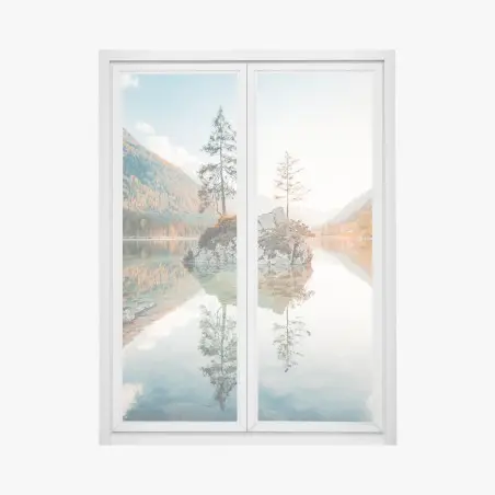 Adesivo per finestra riflessi al tramonto sull'isola del lago Hintersee • Wallissimo®
