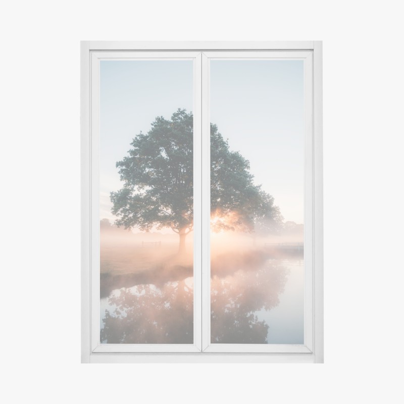 Adesivo per finestra albero all'alba con riflesso nella nebbia
