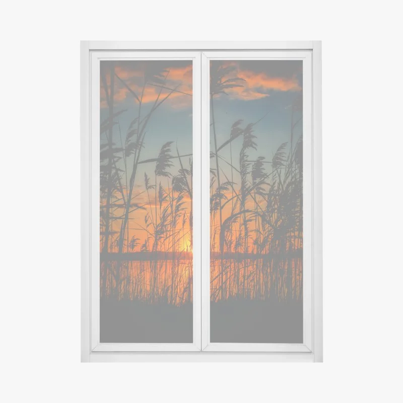 Adesivo per finestra tramonto sulle rive: silhouette di canne al vento